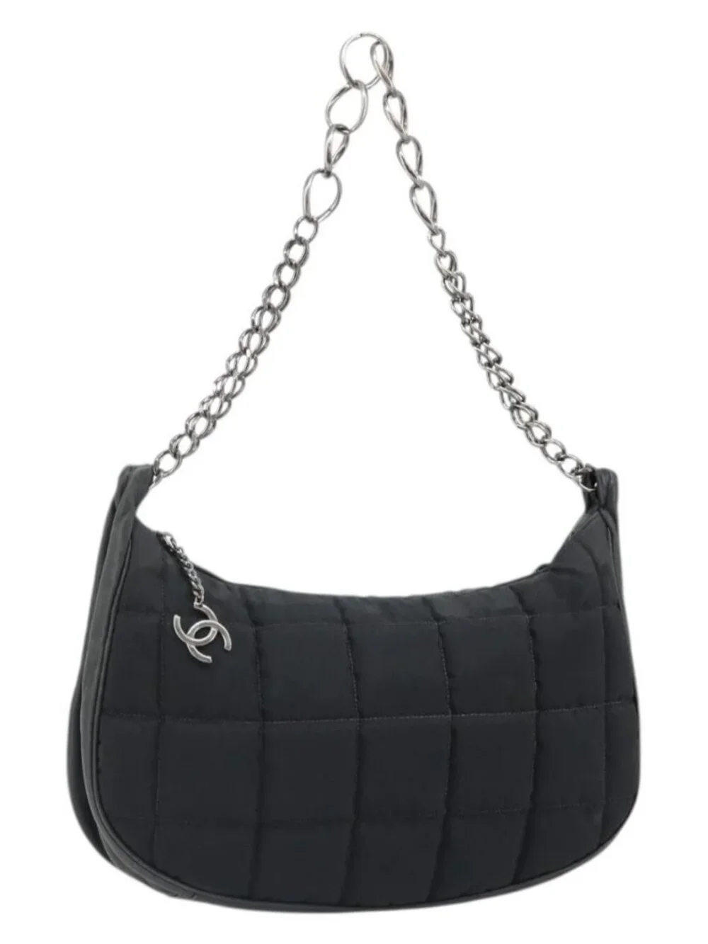 CHANEL Choco Bar Chain Shoulder Bag Nylon Black Silver CC Auth 118385